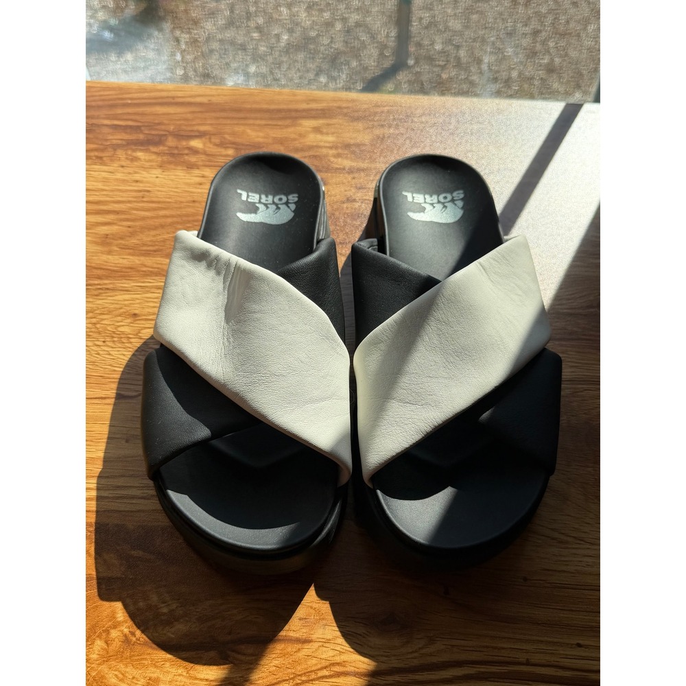 Sorel Sling Viibe Crisscrossed Slide Black White Leather Sandals Sz 10